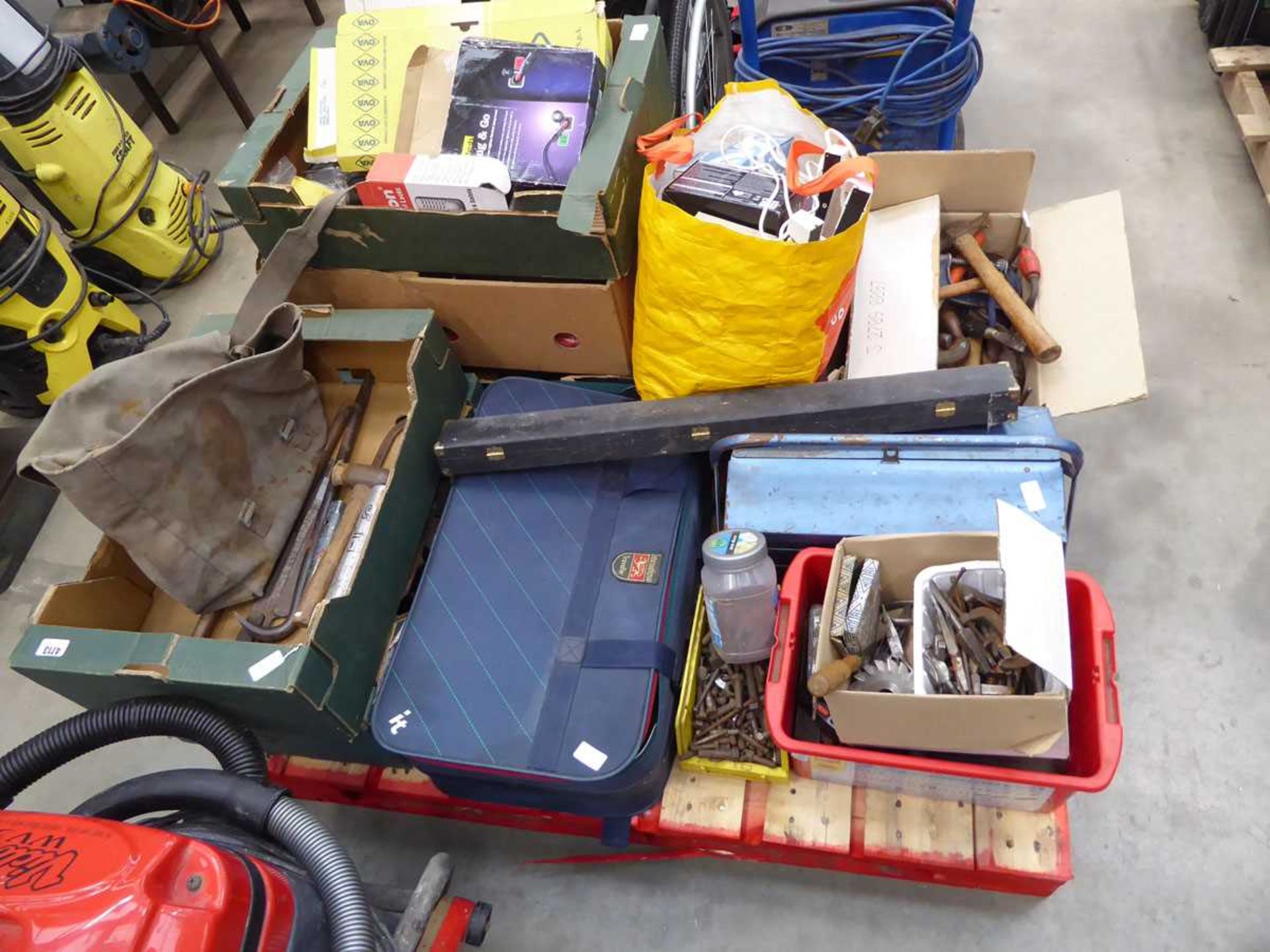 Pallet of assorted items to include bolts, machine parts, tools, thermostats, torches etc
