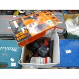 Box of assorted tools including Black+Decker drill, Makita impact drive drill, multi tool, etc