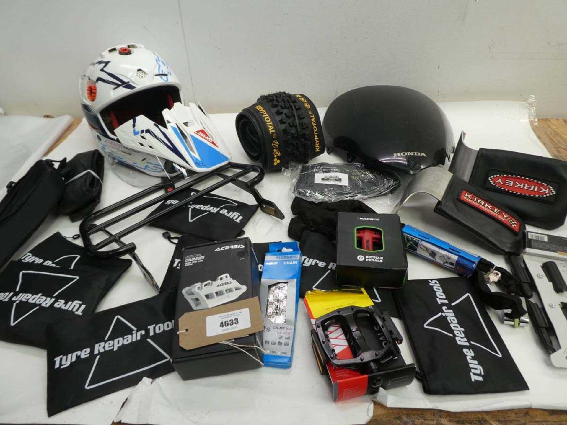 +VAT Motocross helmet, Honda tank protector, bike tyre, inner tubes, pedals, Shimano chain, chain