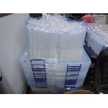 Pallet of plastic storage boxes