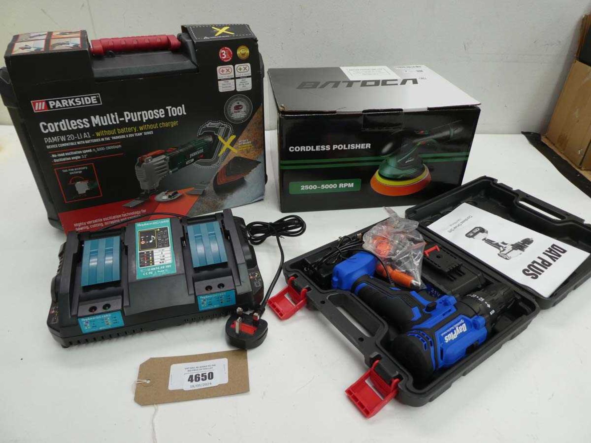 +VAT Cordless multi purpose tool, cordless drill, cordless polisher and battery charger