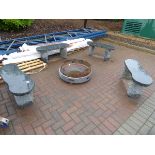 4 large granite style benches and a fire pit