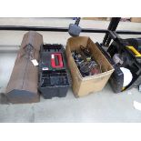 Half a bay containing assorted tools, electrical tools, drills, sander, etc