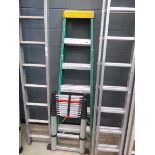 Telescopic ladder and 6 tread green and silver electricians style stepladder