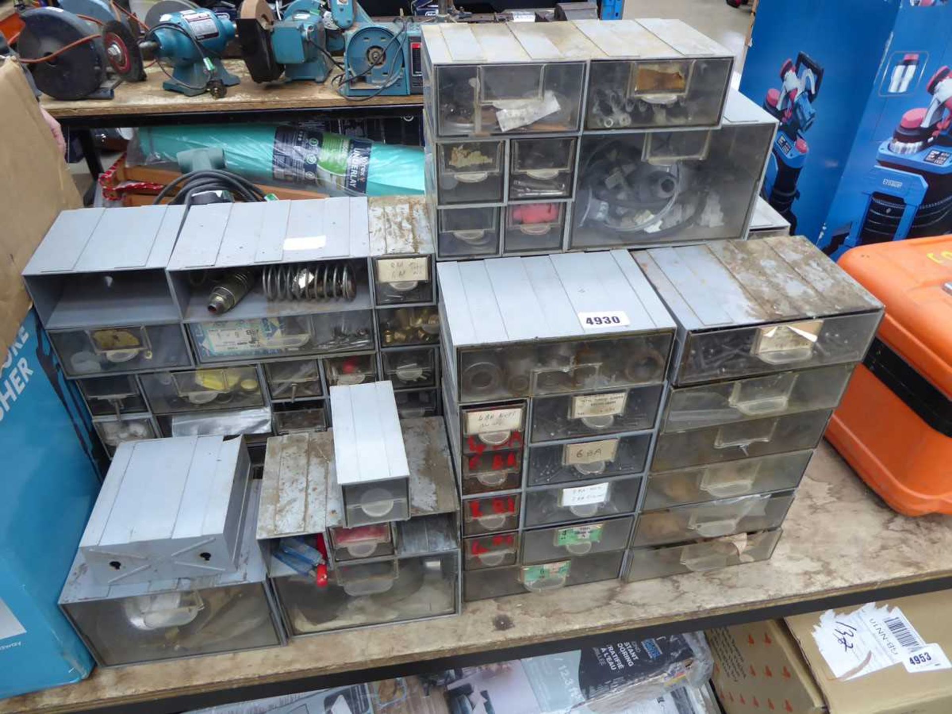 Quantity of small screw boxes with nuts, bolts, bearings, etc