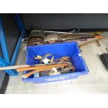 Bucket of assorted tools and quantity of garden tools