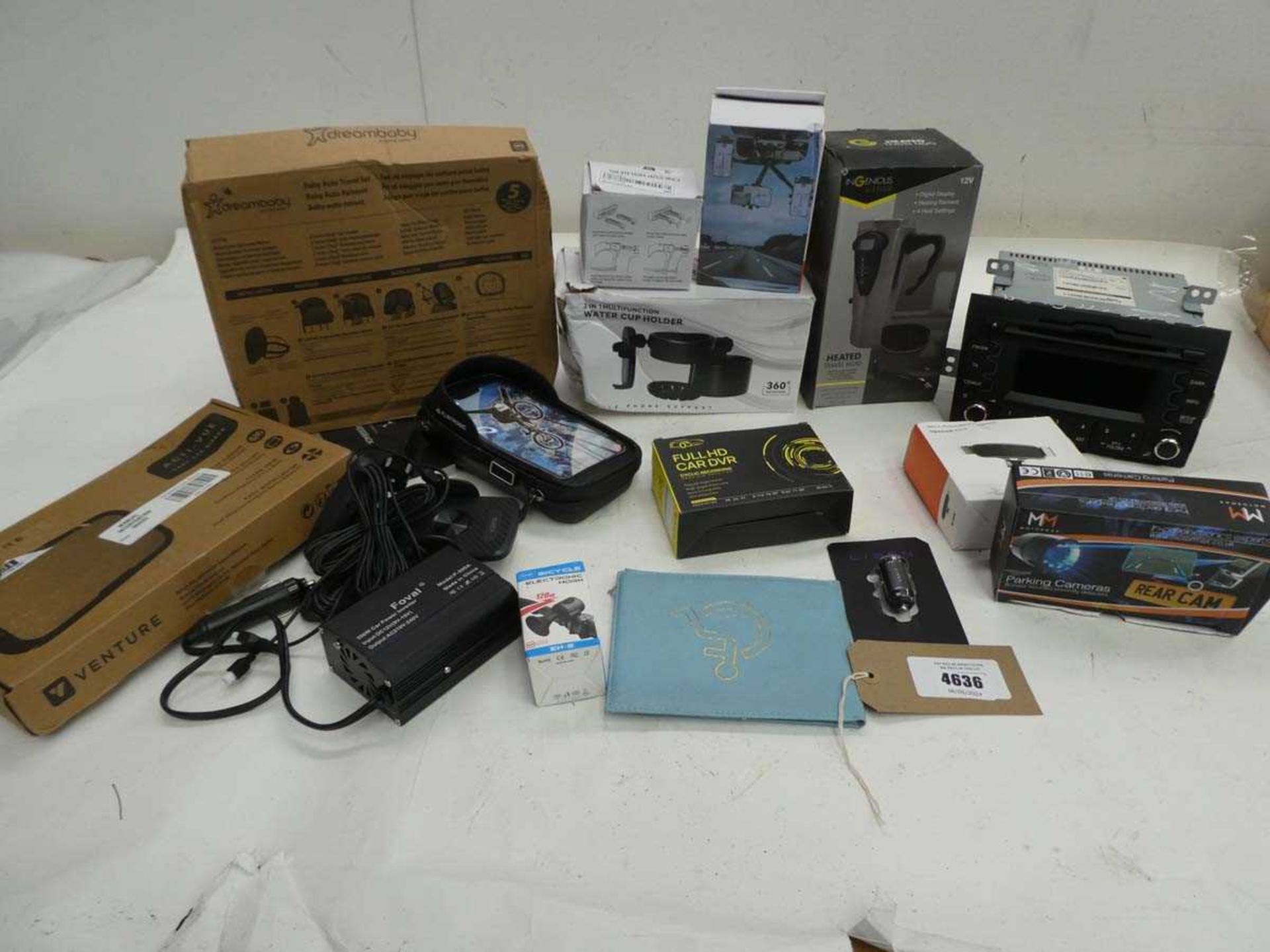 +VAT Car radio, water cup holder, Heated travel mug, HD Car DVR, parking camera, power inverter,