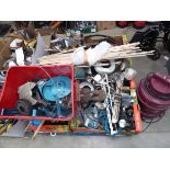 Pallet of assorted items including machine parts, wood, bolt croppers, angle poise lamps, lathes,