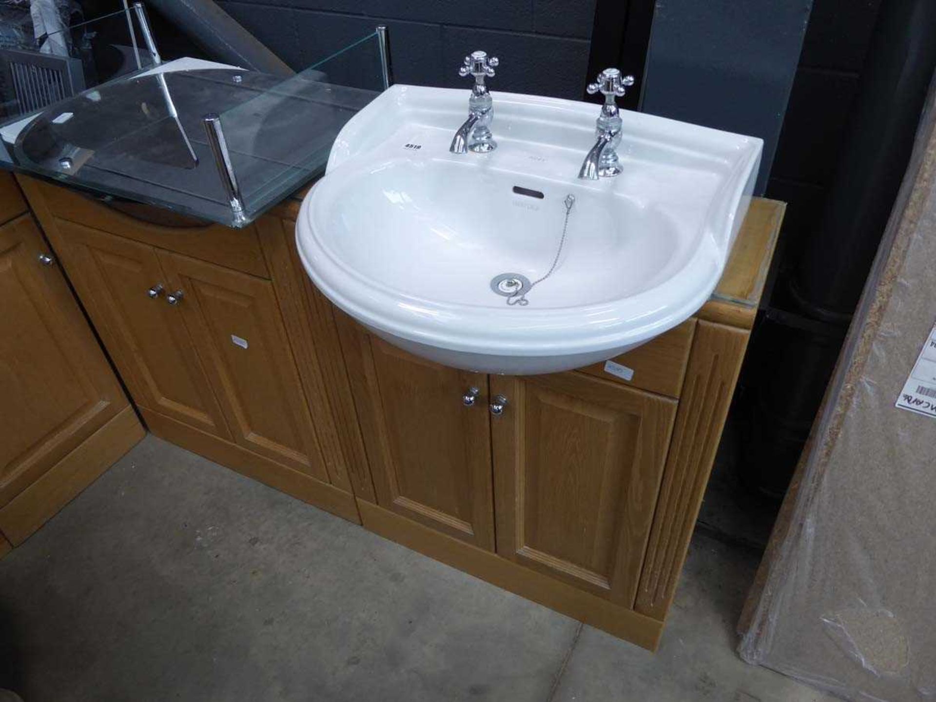 Oak effect bathroom vanity unit with mirror, toilet and sink - Image 2 of 3