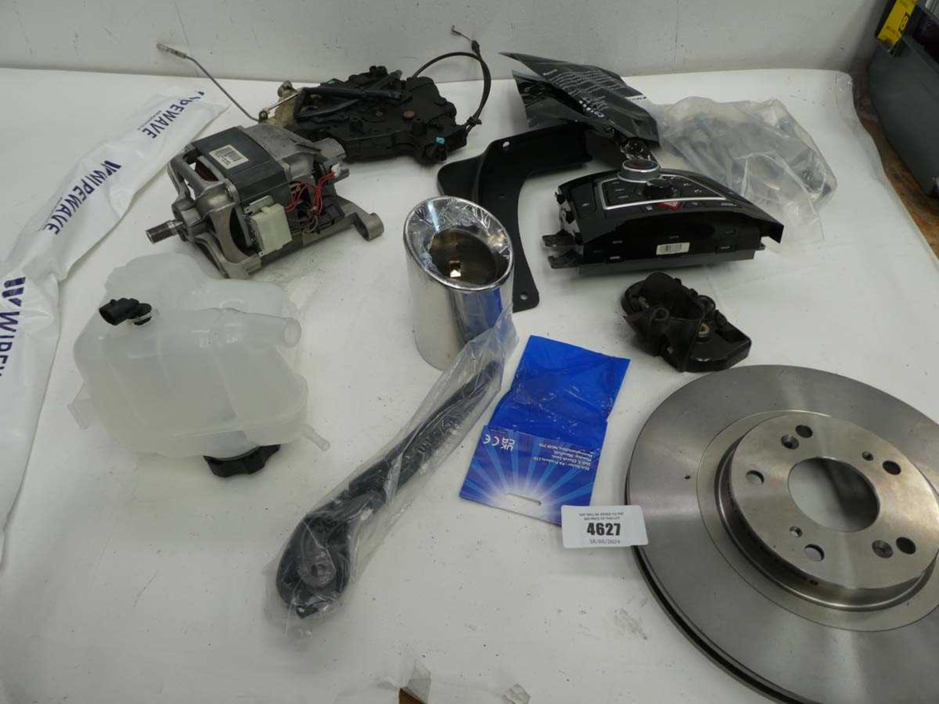 +VAT Large box of car spares including fuel pump, wing mirror, filters, battery leads, struts, wheel - Image 3 of 4