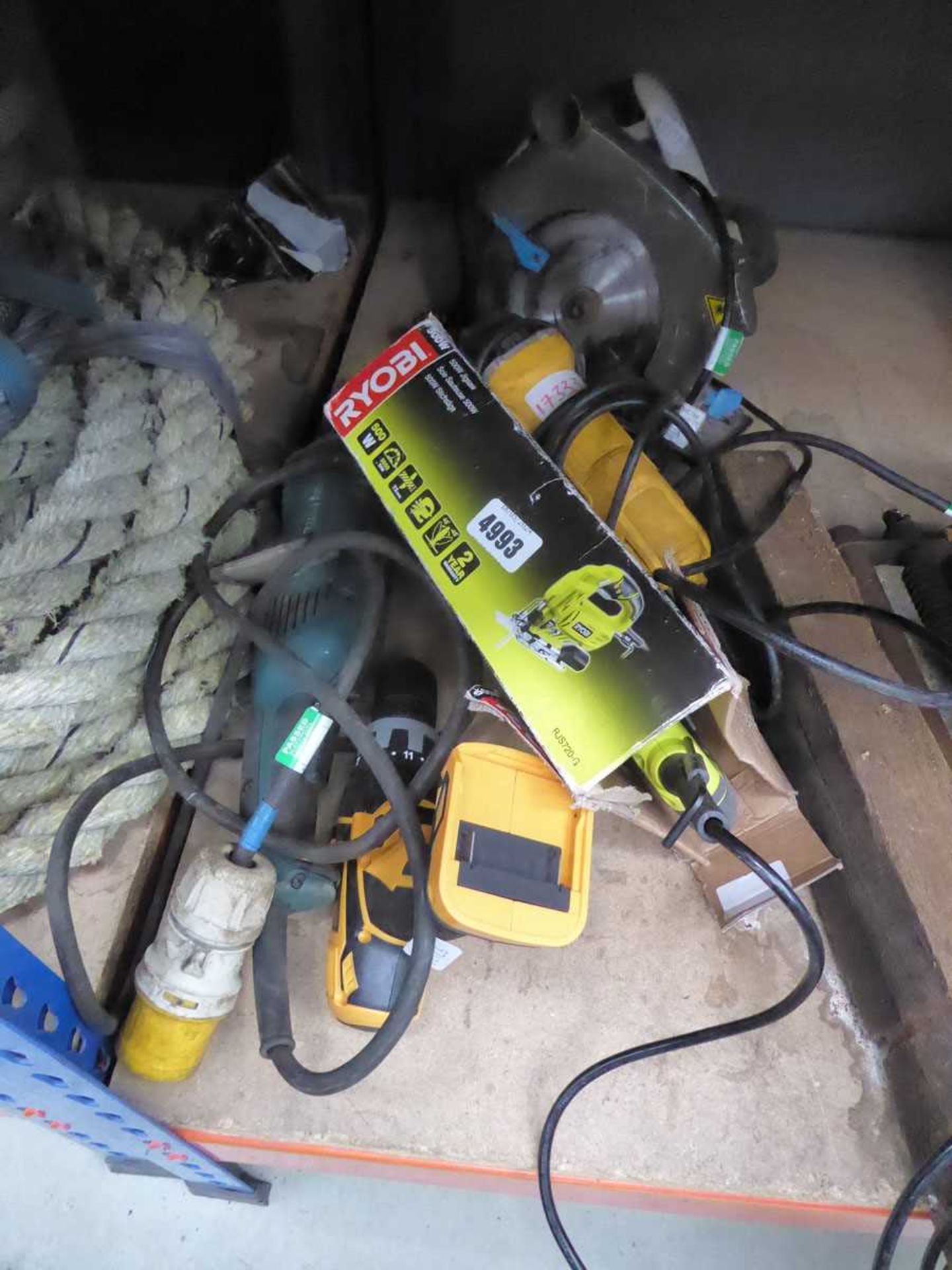 Ryobi jigsaw, Makita angle grinder, drill, circular saw and another grinder