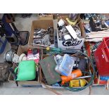 Pallet of assorted items including machine parts, oil, plumbing parts, heaters, etc