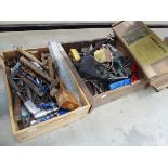 2 x wooden crates of assorted tooling including lamp, hammers, air drill, screwdrivers, etc