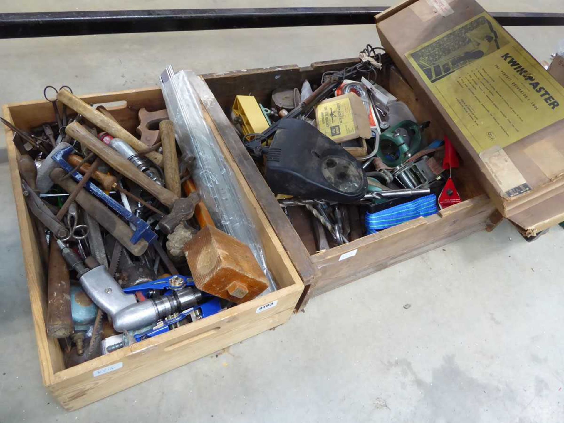 2 x wooden crates of assorted tooling including lamp, hammers, air drill, screwdrivers, etc