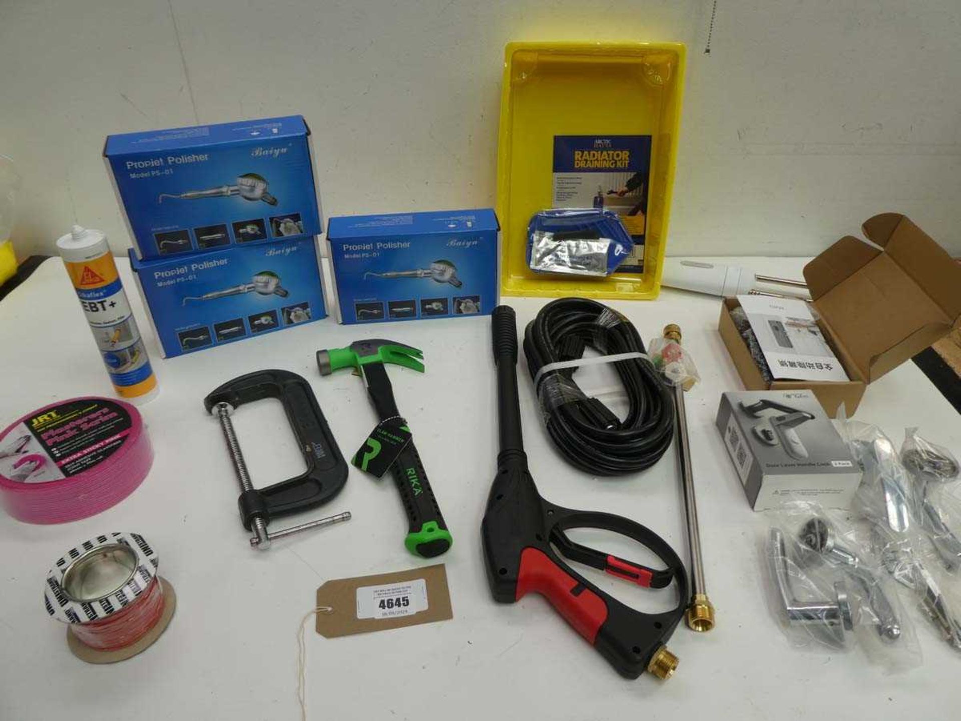 +VAT Project polishers, radiator draining kit, G clamp, claw hammer, pressure washer handle &
