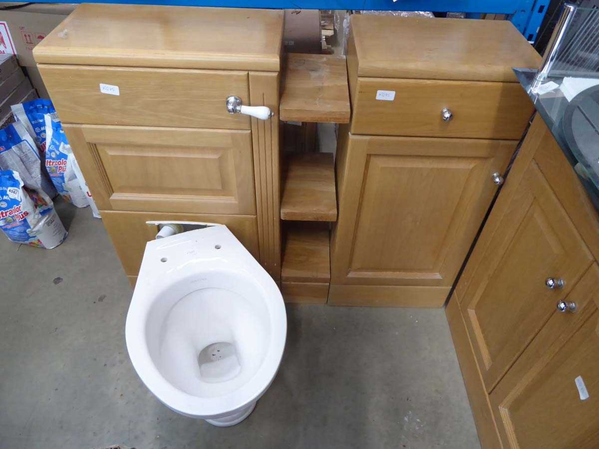 Oak effect bathroom vanity unit with mirror, toilet and sink - Image 3 of 3