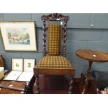 Single hallway chair with turned supports, green and chequer pattern upholstery