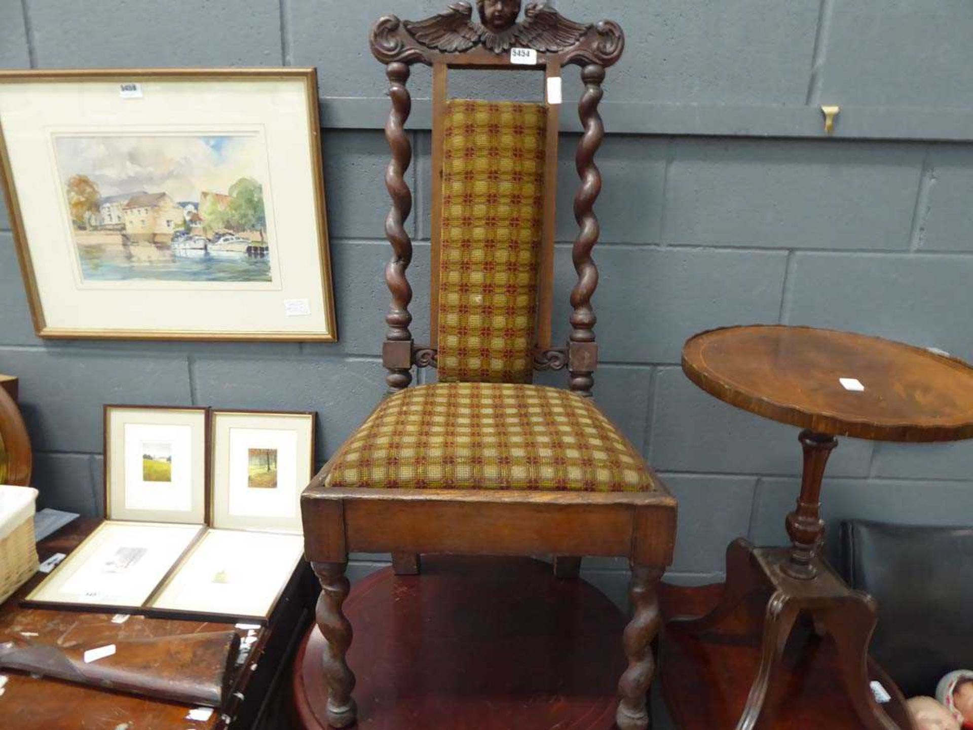 Single hallway chair with turned supports, green and chequer pattern upholstery