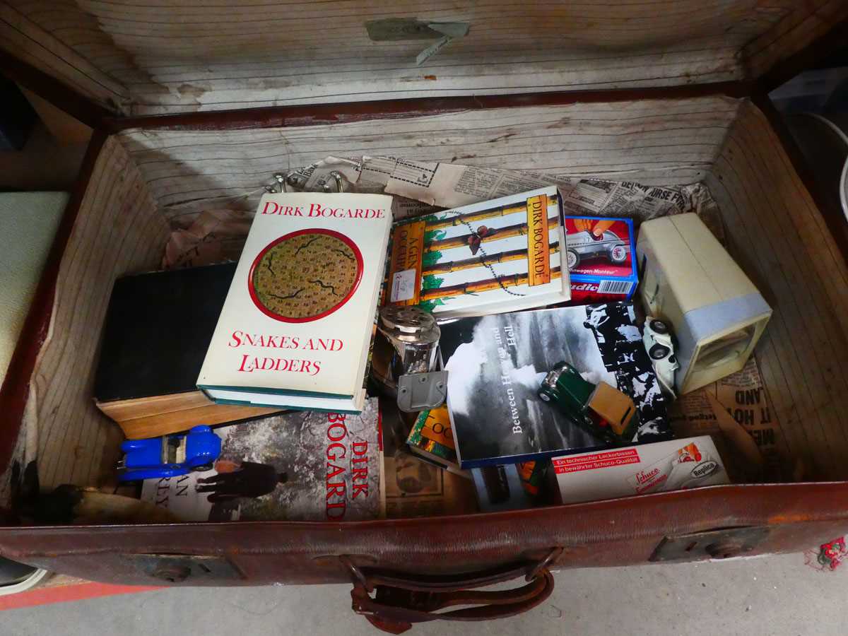Brown suitcase containing books, viewers, repro toys and typewriter