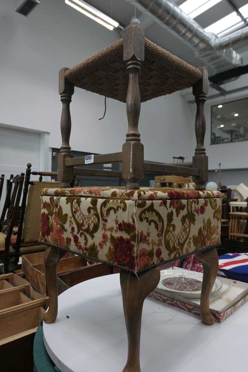 Wicker topped stool and an embroidered lidded stool with floral upholstery
