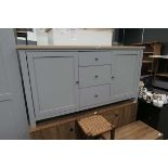 Grey finished sideboard with 2 doors by 3 drawers and light oak top