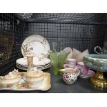 Cage containing assorted china to include dressing table trinket tray, green glass vase, import