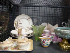 Cage containing assorted china to include dressing table trinket tray, green glass vase, import