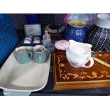 Cage containing assorted china to include cream jugs, figurines, Royal Worcester, egg coddlers, etc