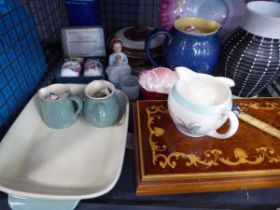 Cage containing assorted china to include cream jugs, figurines, Royal Worcester, egg coddlers, etc