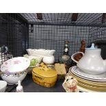 Cage containing assorted china to include Poole teacup, plates,Pendelfin figures, butter dishes