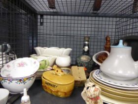 Cage containing assorted china to include Poole teacup, plates,Pendelfin figures, butter dishes
