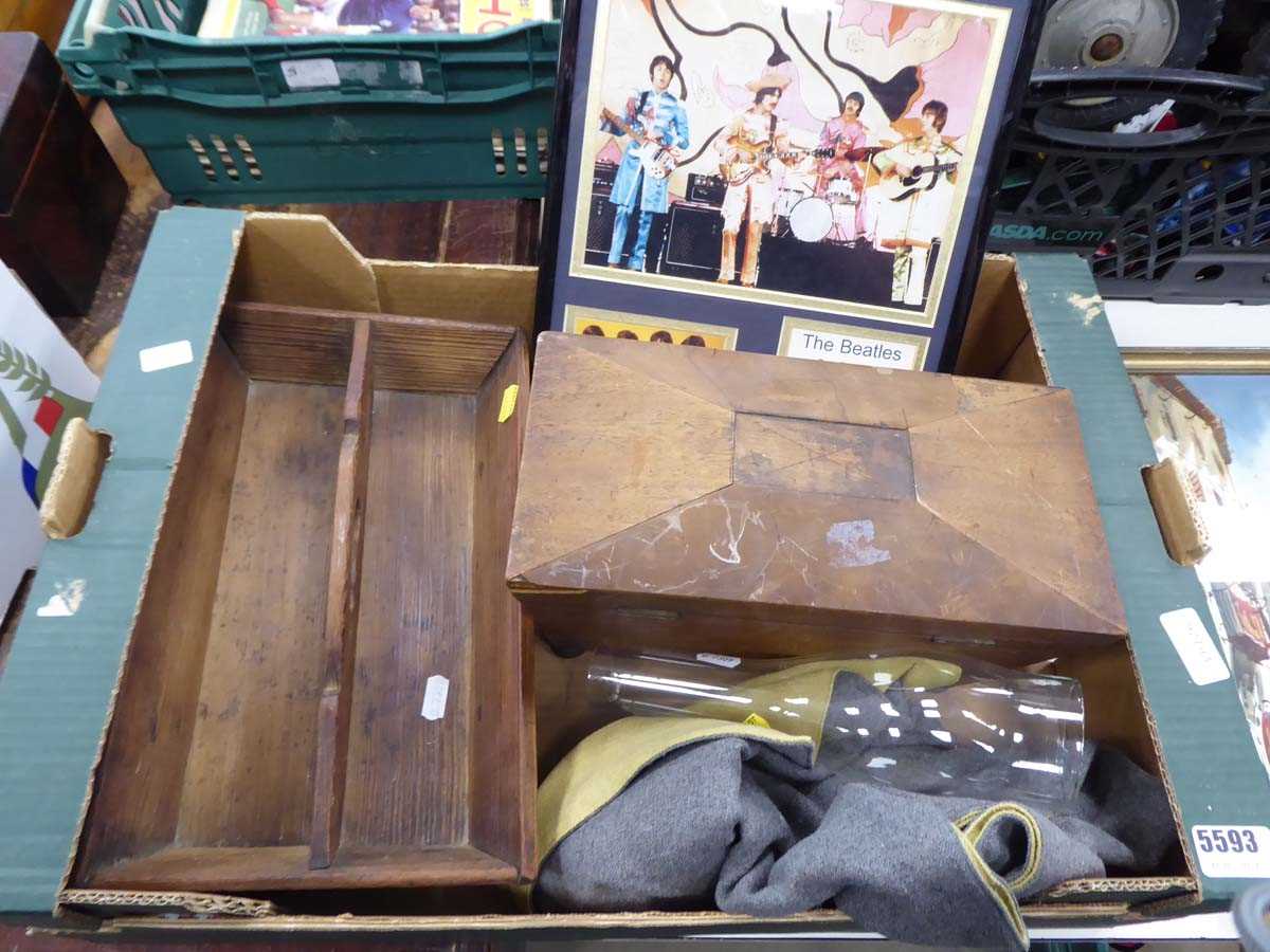 Box of items to include wooden boxes, cutlery tray and Beetles The Sergeant Pepper's commemorative
