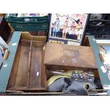 Box of items to include wooden boxes, cutlery tray and Beetles The Sergeant Pepper's commemorative