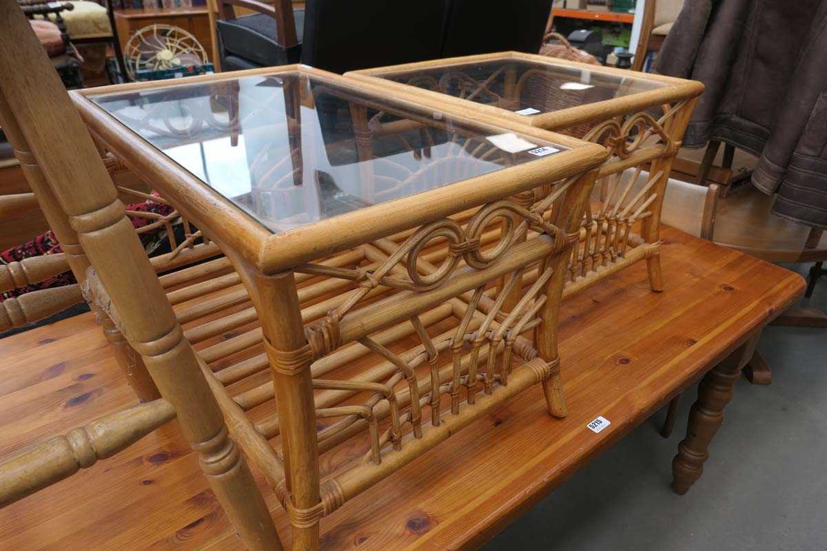 Pair of bamboo and glazed topped coffee tables