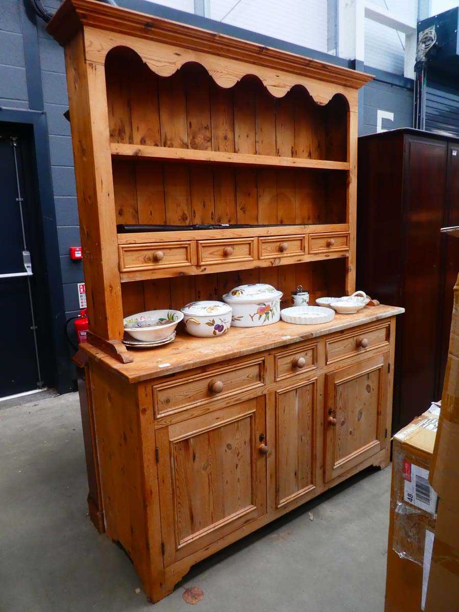 Pine kitchen chest of 3 drawers over 3 doors with plate rack over