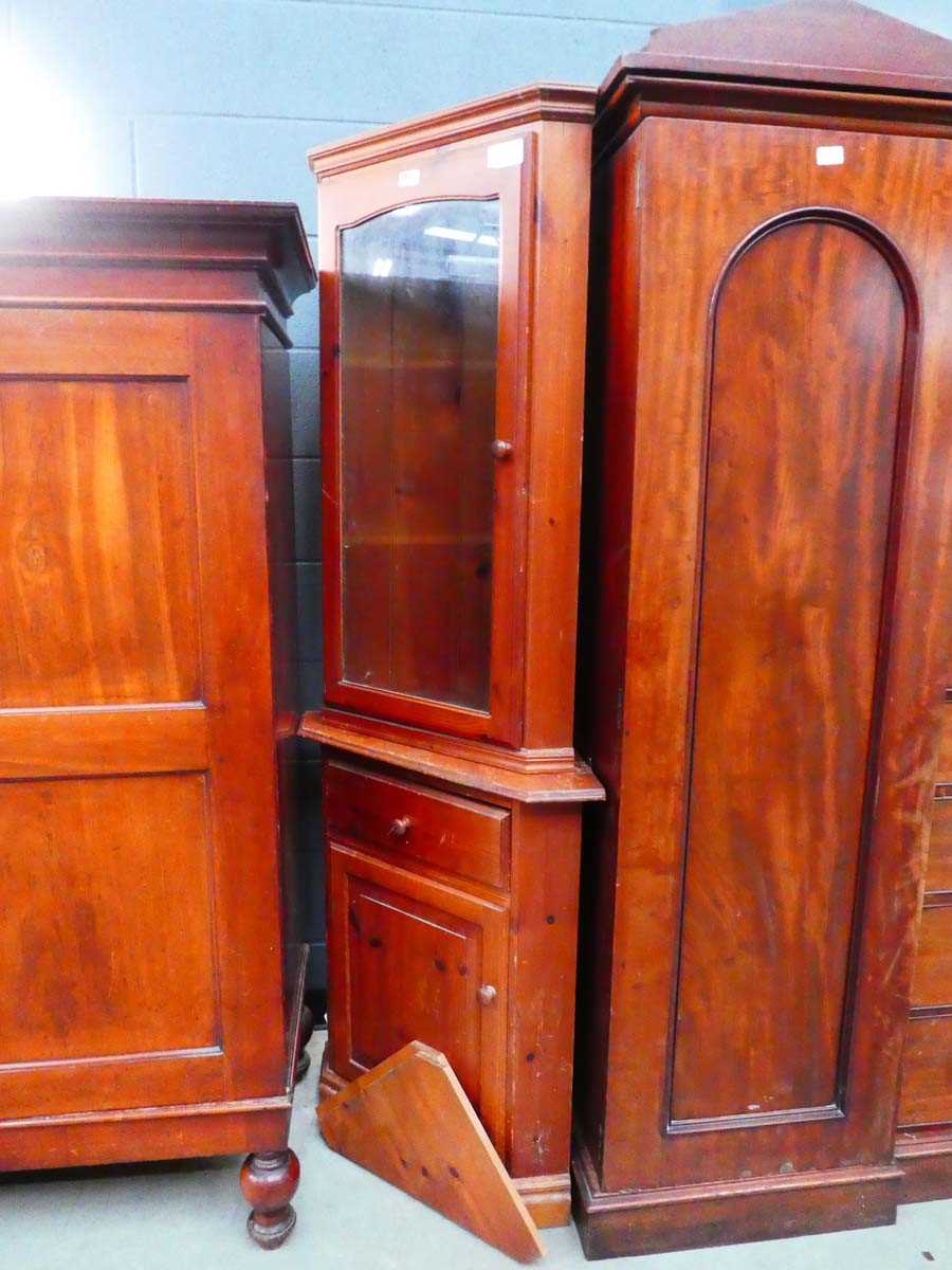 Pine two-piece corner cupboard with glazed door above and single drawer and door below
