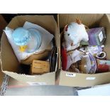 2 x boxes containing a piggy bank, tea pot, dishes, household goods and kitchen storage vessels