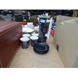 Quantity of Magic City Portmeirion coffee canisters, saucers, and coffee pot