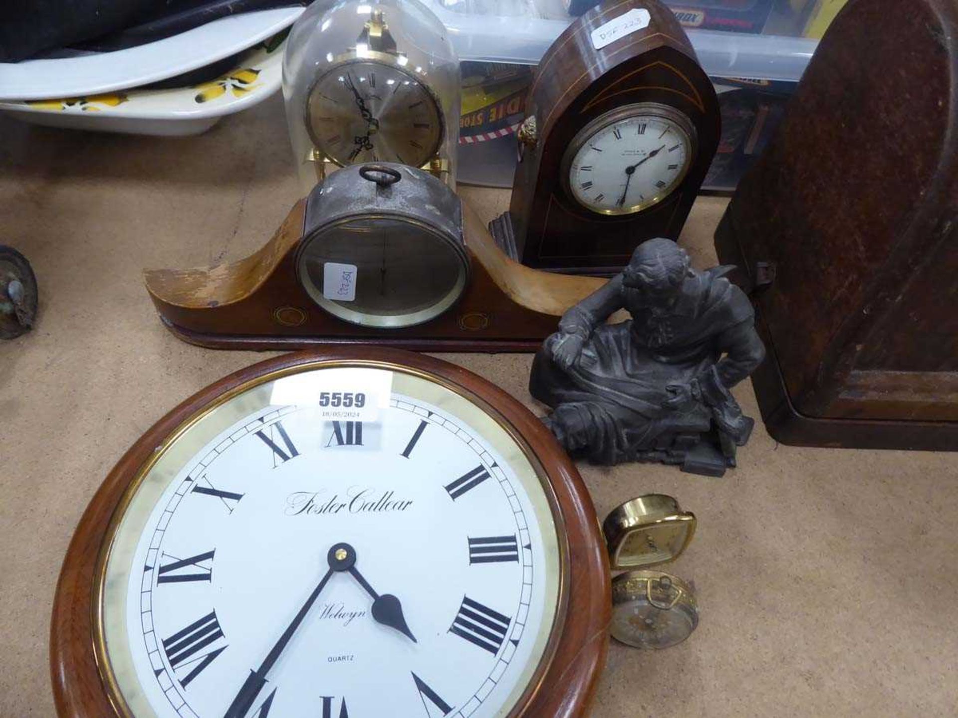 Qty of mantle clocks, figurine of gentleman reclining etc