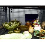 Cage containing Carltonware, green china, set of scales, figurine of old lady selling balloons