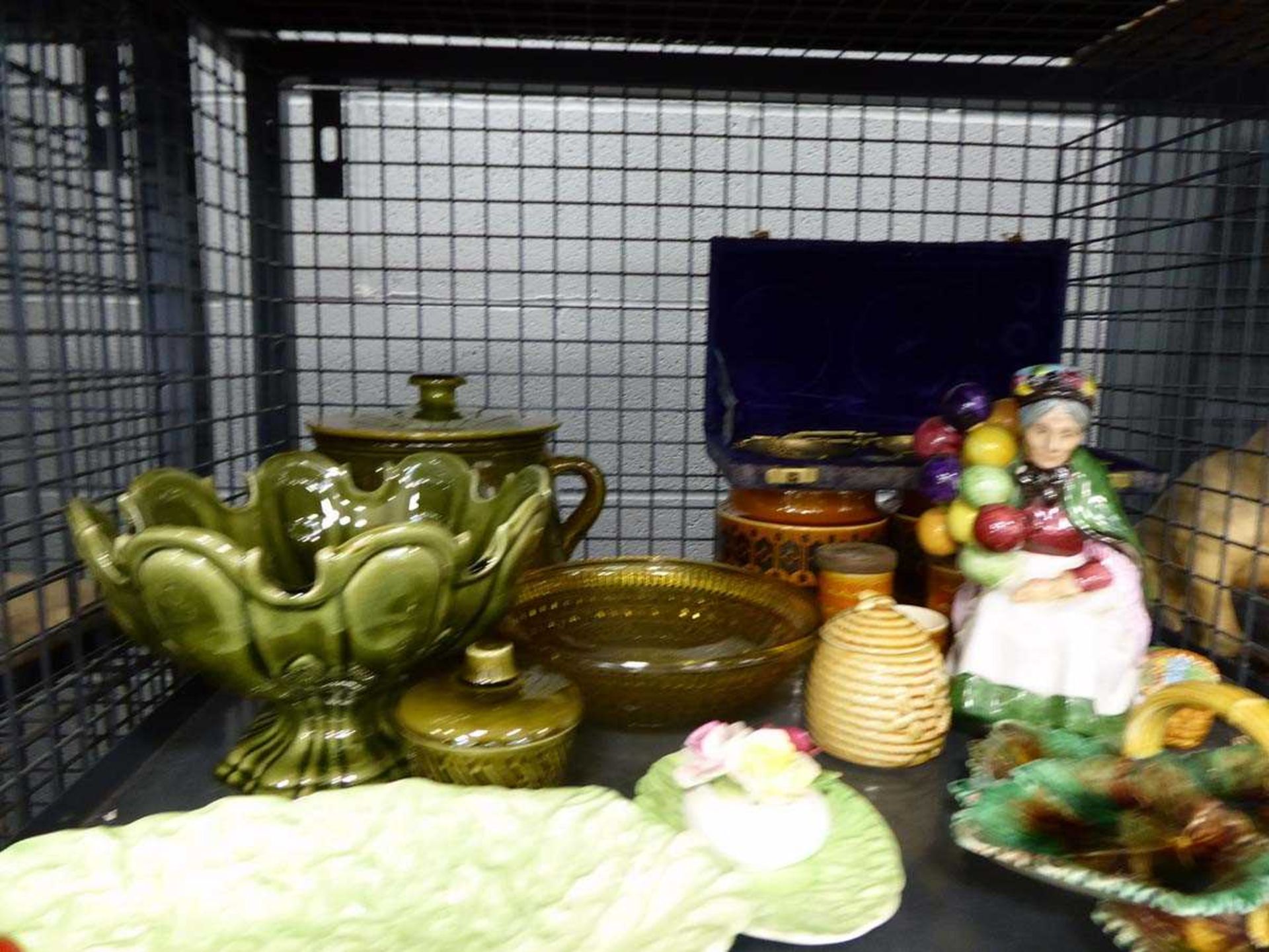 Cage containing Carltonware, green china, set of scales, figurine of old lady selling balloons