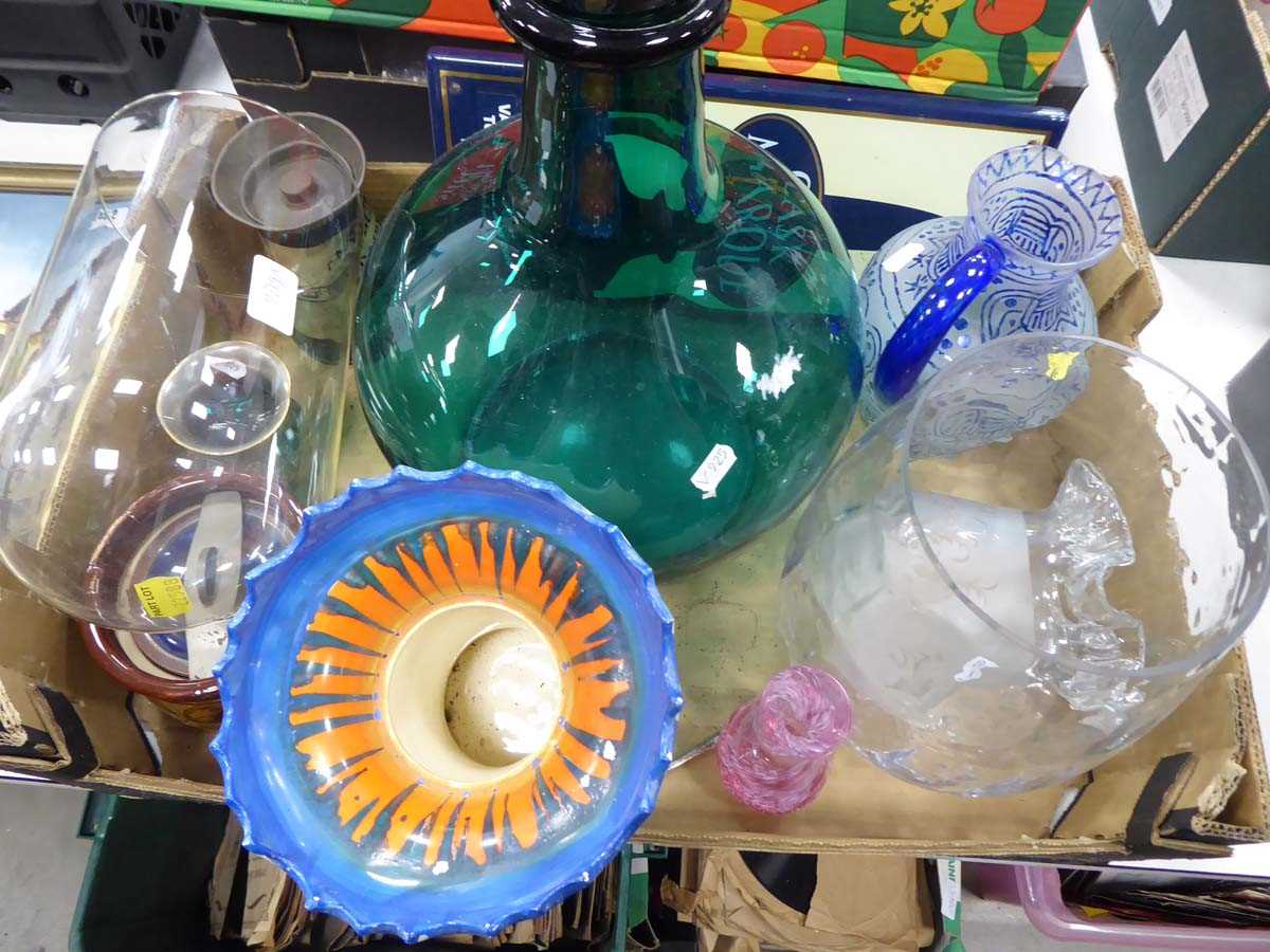 Single box of mainly glass items to include vases, jugs and tobacco jar