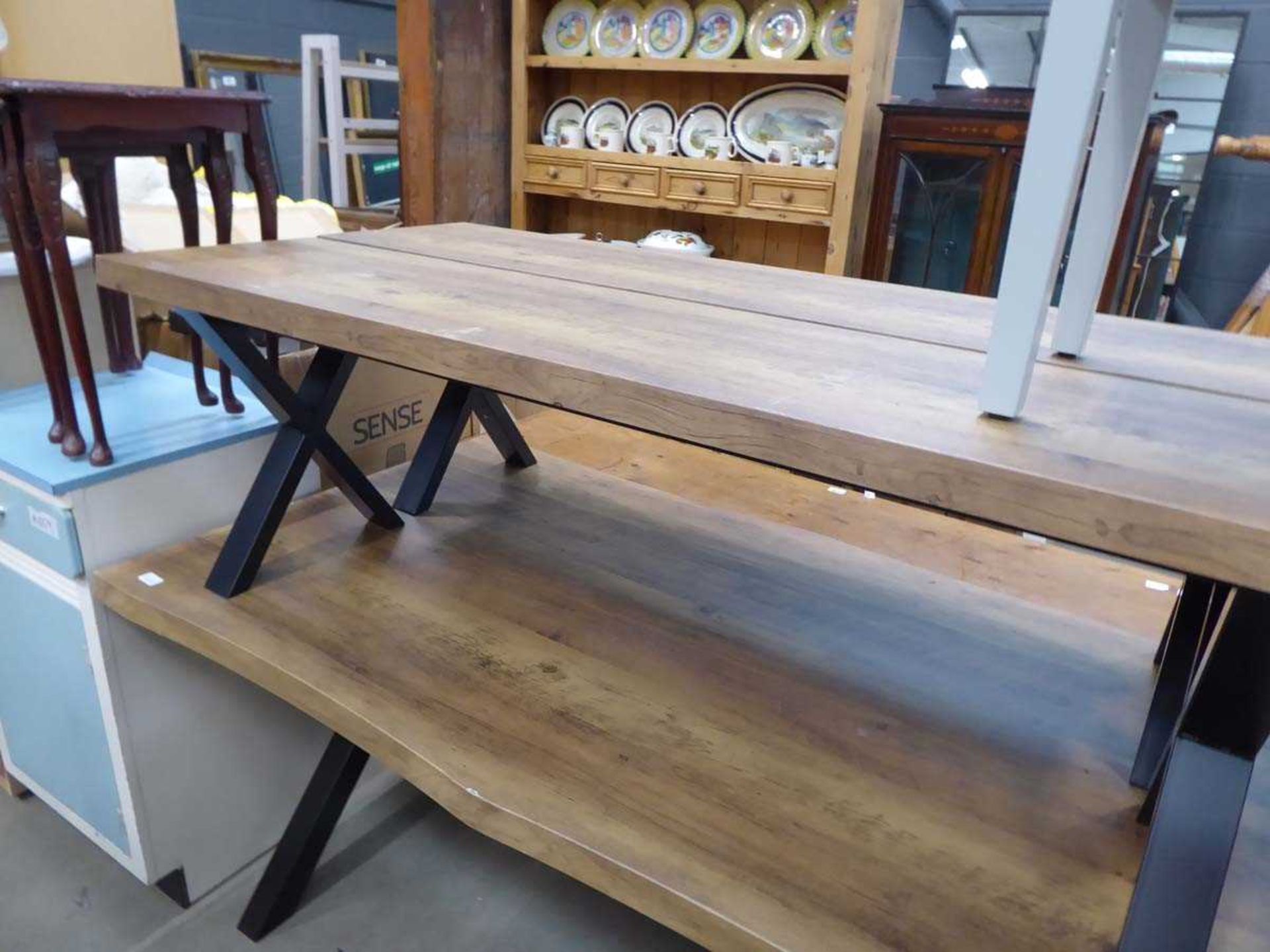 Plank effect refectory table and pair of matching benches