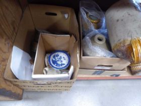 4 boxes of assorted items to include earthenware jugs, blue and white china, books, photography