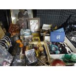 Cage containing costume jewellery, pictures, collectable coins and a cricket ball