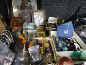 Cage containing costume jewellery, pictures, collectable coins and a cricket ball