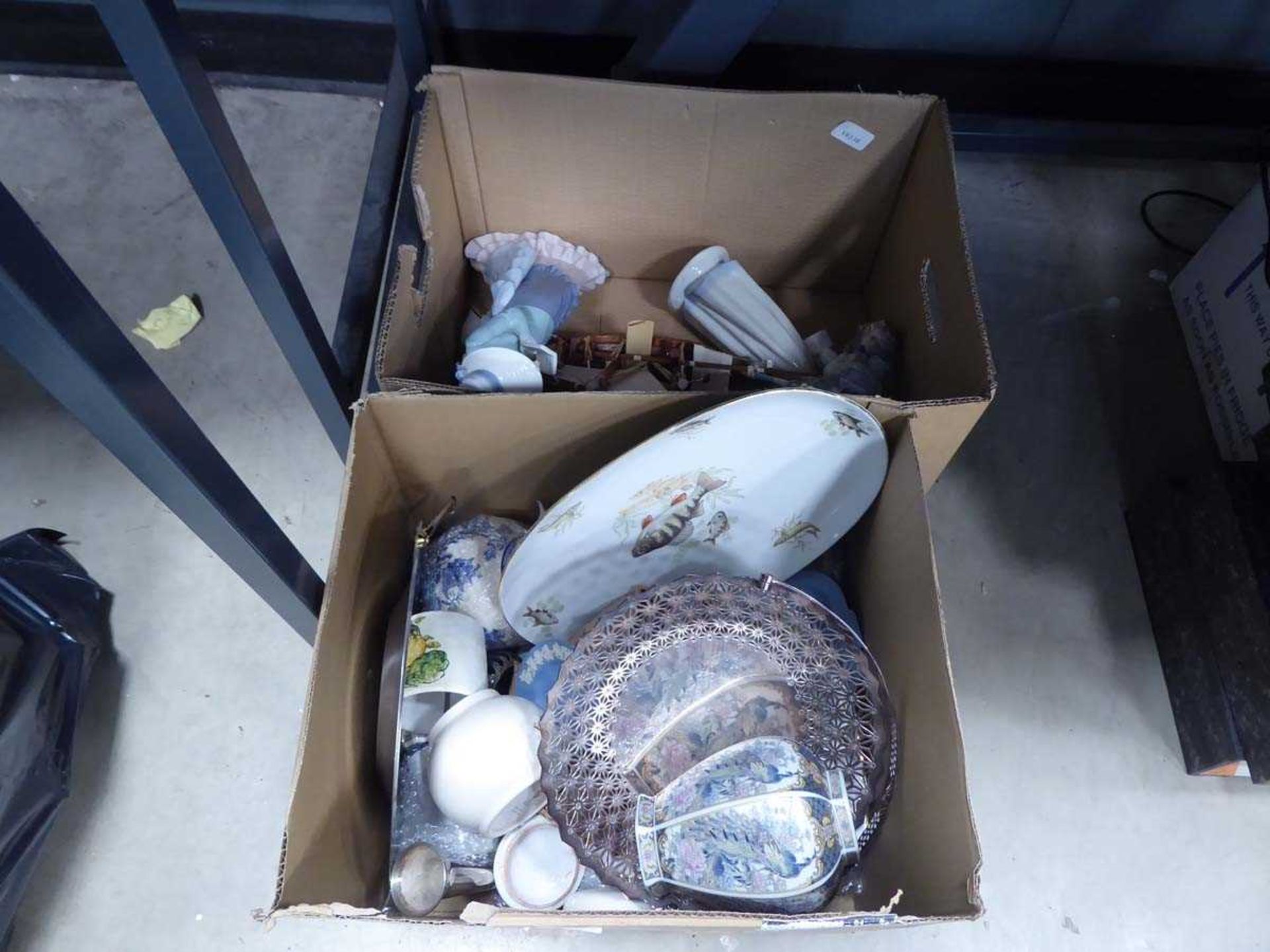 Two boxes of assorted household china to include Lladro figures, boat figures, ginger jars and