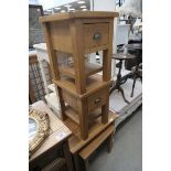 Two oak single drawer bedside cabinets and nest of 2 tables