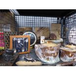 Cage containing Keele Street pottery china, carving knives, inkwells, collectable teaspoons,