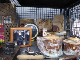 Cage containing Keele Street pottery china, carving knives, inkwells, collectable teaspoons,